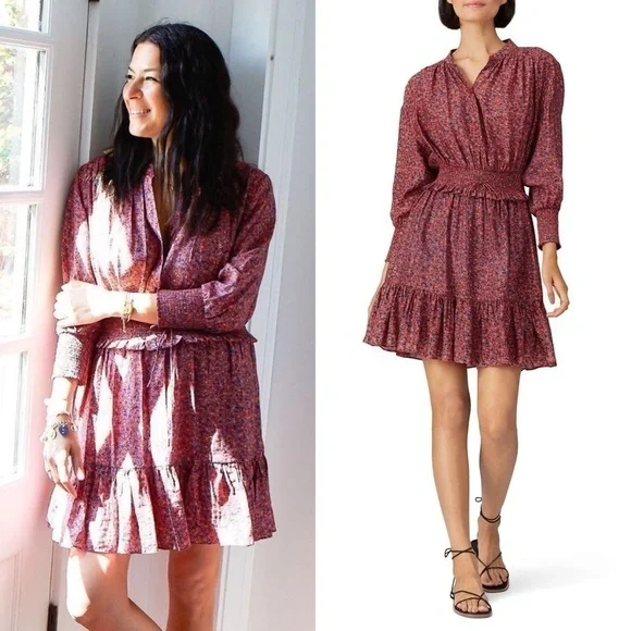 REBECCA MINKOFF Ruffle Hem Smocked Tie Waist Long Puff Sleeve Floral Dress XXL - Picture 5 of 14